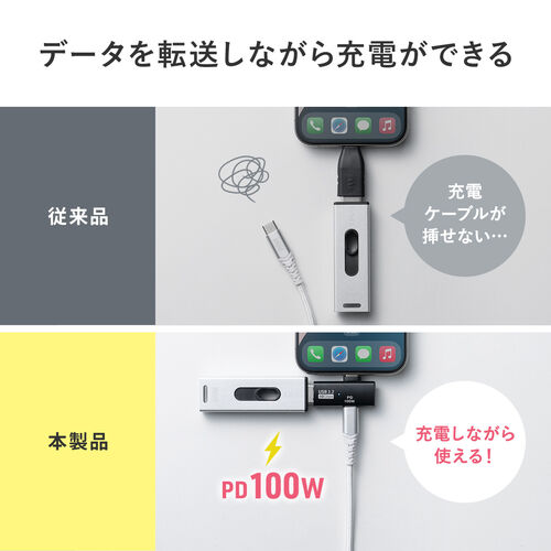 【アウトレット】USB A to USB-C 変換アダプタ L字型 充電対応 USB PD100W USB 10Gbps ブラック