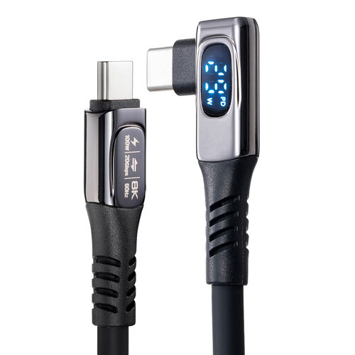 【アウトレット】電力モニター付き USB Type-Cケーブル L字コネクタ 1m USB4 USB PD100W対応 シリコンケーブル