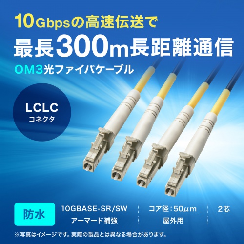 防水ロバスト光ファイバケーブル OM3 10GBASE-SR/SW規格 10Gbps マルチモード 50μm 4芯 両端LC×4 PBTチューブ 10m