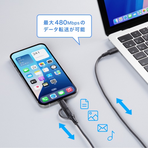 2in1 USB Type-Cケーブル Lightning変換アダプタ付き 1m USB2.0 USB PD60W対応 MFi認証品 ブラック