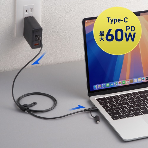 2in1 USB Type-Cケーブル Lightning変換アダプタ付き 1m USB2.0 USB PD60W対応 MFi認証品 ブラック