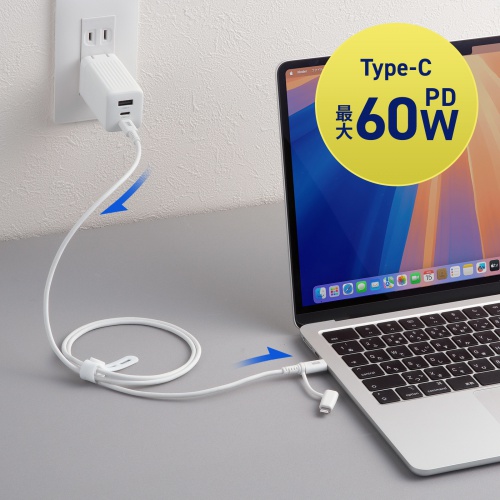2in1 USB Type-Cケーブル Lightning変換アダプタ付き 1m USB2.0 USB PD60W対応 MFi認証品 ホワイト
