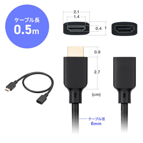 HDMI延長ケーブル 0.5m ウルトラハイスピード 8K/60Hz 4K/120Hz 48Gbps eARC対応 ブラック