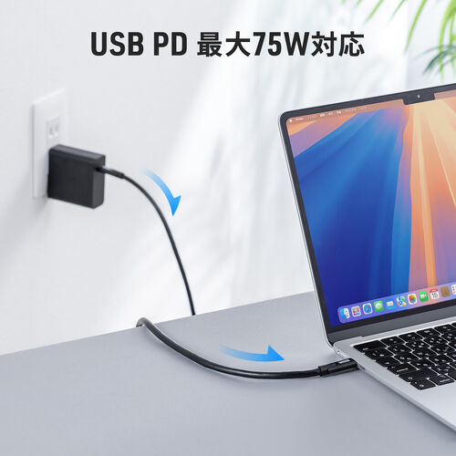 USB Type-Cケーブル 5m USB 5Gbps USB PD75W 充電 データ転送 映像出力対応 ブラック