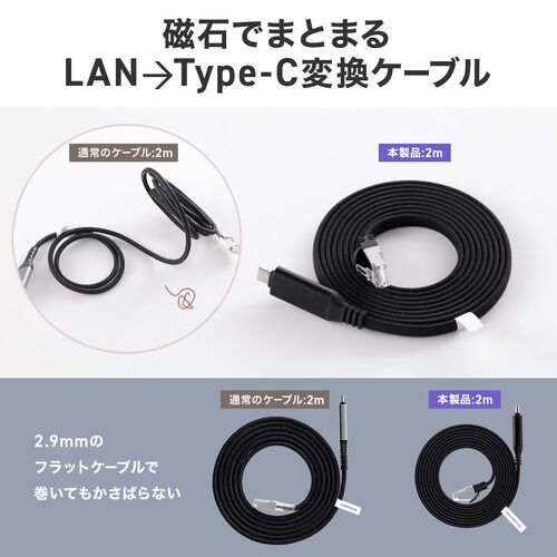 USB Type-C LAN変換ケーブル 1m カテゴリ6 1Gbps 磁石でまとまる フラットケーブル MACアドレスパススルー対応