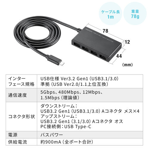 USBハブ 4ポート Type-C ケーブル長1m バスパワー 薄型 軽量 コンパクト 高速データ転送 5Gbps