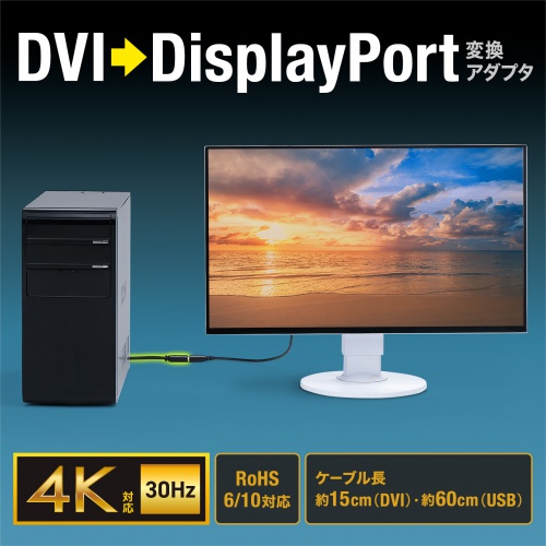 DVI-DisplayPort 変換アダプタ 4K/30Hz 約15cm USB電源
