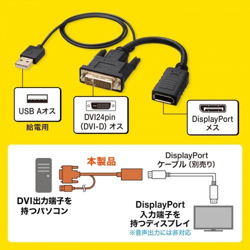 DVI-DisplayPort 変換アダプタ 4K/30Hz 約15cm USB電源