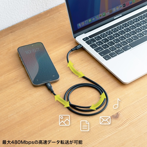 【アウトレット】やわらかUSB Type-Cケーブル 1m シリコンケーブル USB2.0 USB PD 240W ブラック