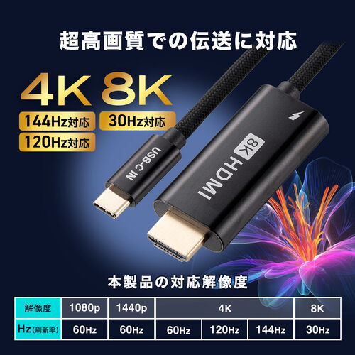 USB Type-C HDMI変換ケーブル 2m 8K/30Hz 4K/60Hz USB PD100W対応 ブラック