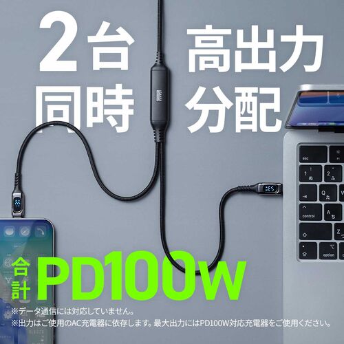 USB Type-C ケーブル 1.2m 2-in-1 二股ケーブル 電力表示画面つき ホワイト