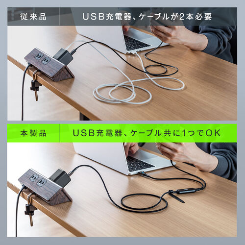 USB Type-C ケーブル 1.2m 2-in-1 二股ケーブル 電力表示画面つき ホワイト