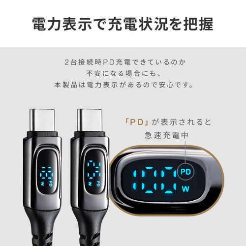 USB Type-C ケーブル 1.2m 2-in-1 二股ケーブル 電力表示画面つき ホワイト