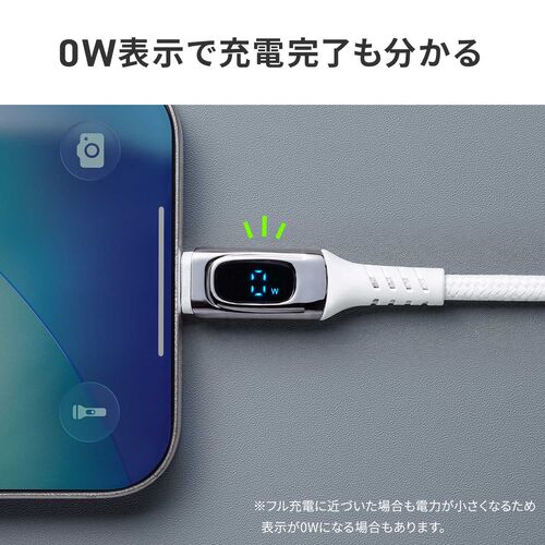 USB Type-C ケーブル 1.2m 2-in-1 二股ケーブル 電力表示画面つき ホワイト