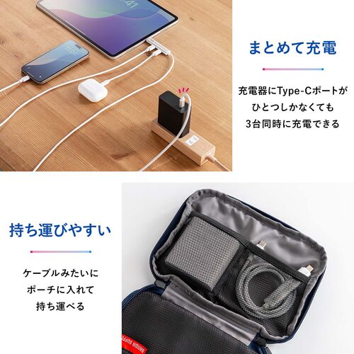 USBハブ付き USB Type-Cケーブル 0.5m USB-C×2 USB 5Gbps USB PD 100W対応 ブラック