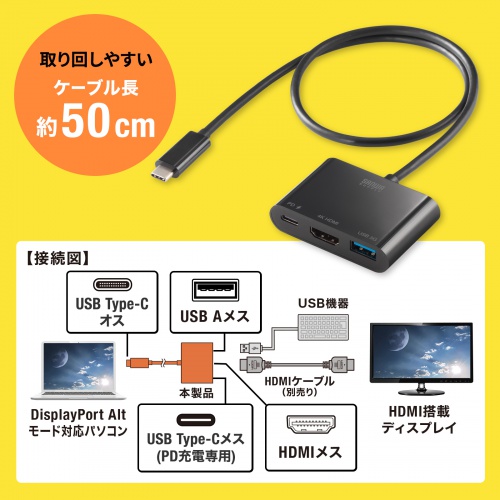 【アウトレット】USBハブ付き USB Type-C HDMI変換アダプタ USB A×1 USB Type-C×1 4K/60Hz出力 ケーブル長50cm ブラック