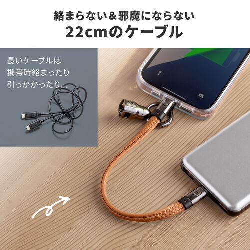 ハンドストラップになる USB Type-Cケーブル 22cm USB PD 240W対応 PUレザー ブラウン