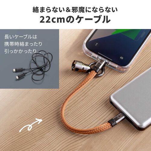 ハンドストラップになる USB Type-Cケーブル 22cm USB PD 240W対応 PUレザー ブラック