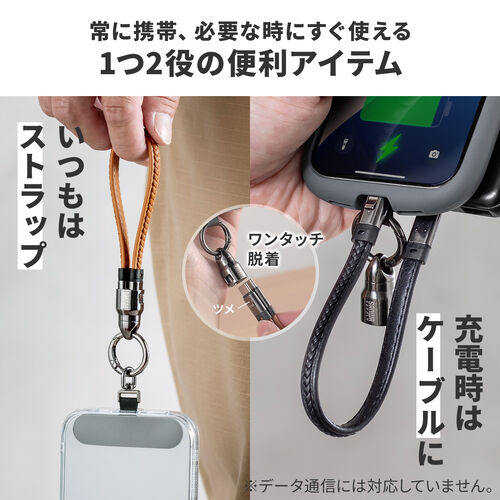 ハンドストラップになる USB Type-Cケーブル 22cm USB PD 240W対応 PUレザー ブラウン