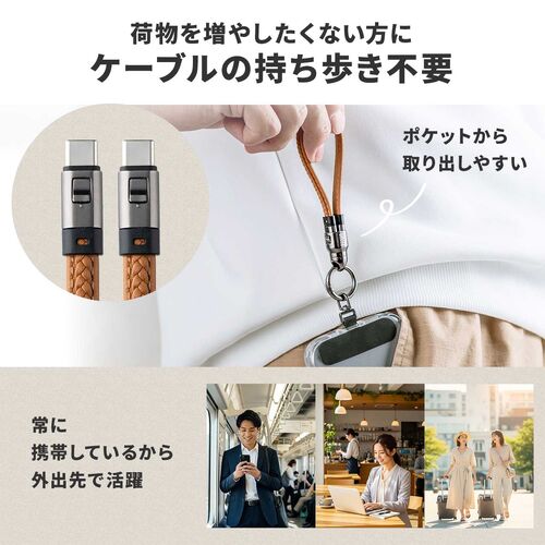 ハンドストラップになる USB Type-Cケーブル 22cm USB PD 240W対応 PUレザー ブラウン