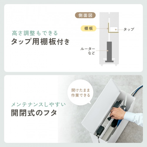 ケーブル収納ボックス キャスター付き スチール製 電源タップ収納 高さ調整棚板 デスク下 ホワイト