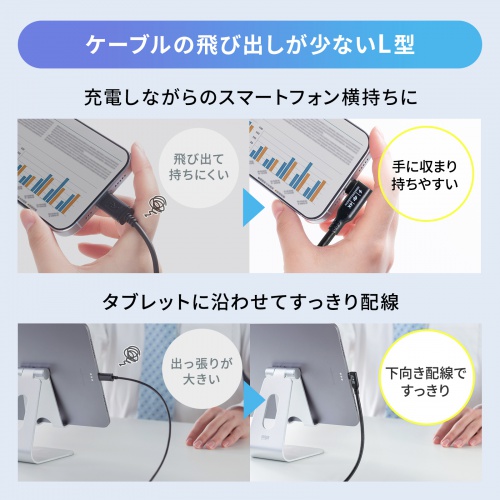 USB Type-Cケーブル 1m 10Gbps USB PD 100W L字コネクタ 4K/60Hz映像出力 ブラック