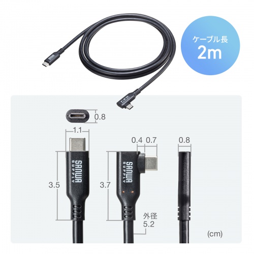 USB Type-Cケーブル 2m 10Gbps PD100W 映像出力対応 片側L型コネクタ