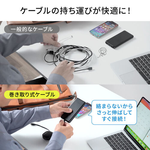 巻き取り式 USB Type-Cケーブル 1.2m USB PD 60W ホワイト