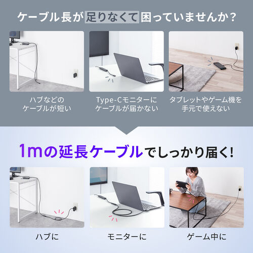 USB Type-C 延長ケーブル L字コネクタ 1m USB 5Gbps USB PD 100W 4K/60Hz対応