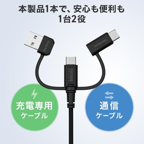 USBケーブル USB-C USB-A データブロッカー データ通信遮断 データ抜き取り対策 PD60W USB2.0 シリコンケーブル 1m ブラック