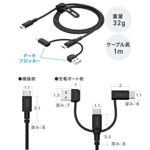 USBケーブル USB-C USB-A データブロッカー データ通信遮断 データ抜き取り対策 PD60W USB2.0 シリコンケーブル 1m ホワイト