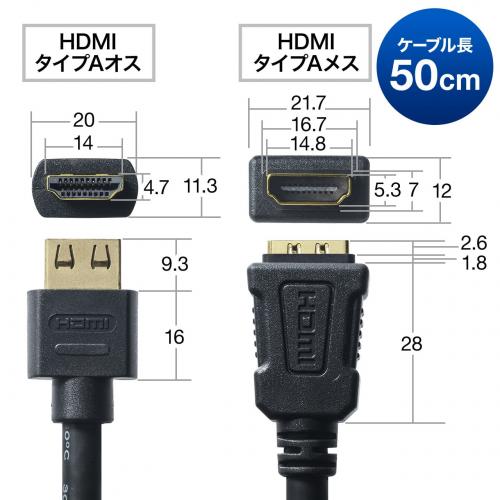 抜けにくいHDMI延長ケーブル(50cm・4K/30Hz・3D・ARC対応・ラッチ内蔵・タイプAオス/タイプAメス・ブラック)