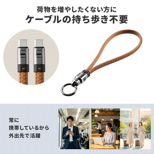 ストラップ型 USB Type-Cケーブル 32cm  PUレザー USB PD240W対応 ブラウン