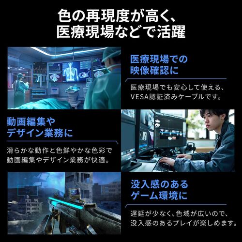 DisplayPortケーブル 2m ver2.1 VESA認証品 80Gbps DHDR対応 4K/240Hz 16K/120Hz ブラック