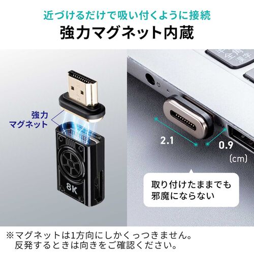 HDMI変換アダプタ マグネット接続式 L型 左向き 8K/60Hz 4K/120Hz対応