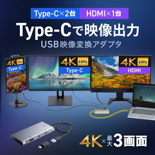 USB-C - HDMI 変換アダプタ 4K×3 拡張 3画面 HDMI×1 USB-C×2 ディスプレイアダプタ
