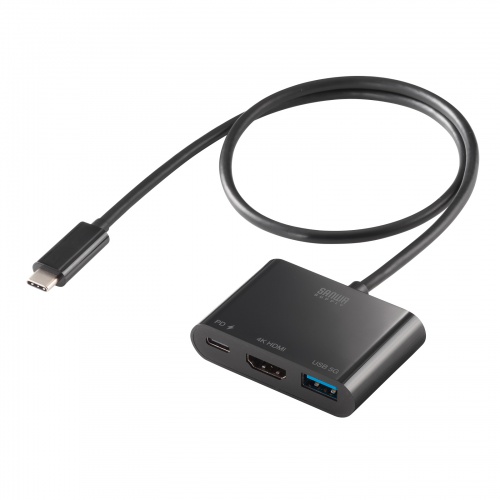 USBハブ付き USB Type-C HDMI変換アダプタ USB A×1 USB Type-C×1 4K/60Hz出力 ケーブル長50cm ブラック