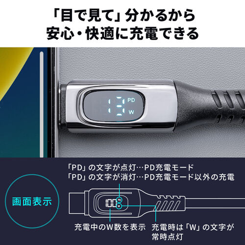 USB Type-Cケーブル USB PD100W対応 電力表示機能付き 1m USB 20Gbps 8K/60Hz対応 やわらかシリコンケーブル