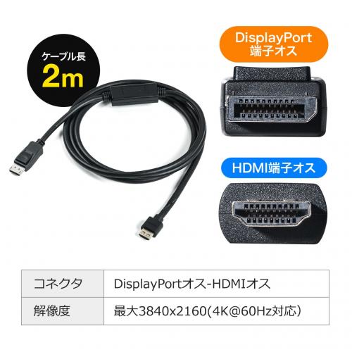 DisplayPort-HDMI変換ケーブル(2m・4K/60Hz対応・アクティブタイプ