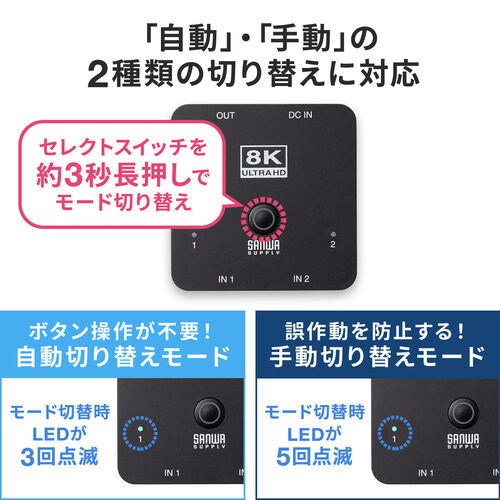 【アウトレット】HDMI切替器 2入力1出力 8K/60Hz 4K/120Hz HDR対応 HDCP2.3 自動/手動切り替え HDMIセレクター PS5対応