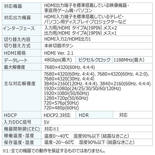 【アウトレット】HDMI切替器 2入力1出力 8K/60Hz 4K/120Hz HDR対応 HDCP2.3 自動/手動切り替え HDMIセレクター PS5対応