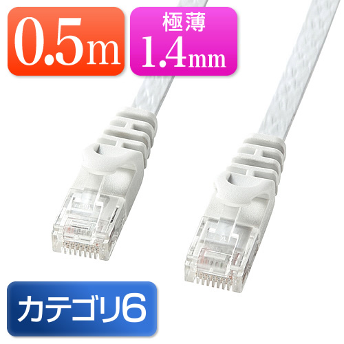 0.5mの最安LANケーブル LANケーブル(0.5m・カテゴリ6・フラットケーブル・より線・ホワイト)
