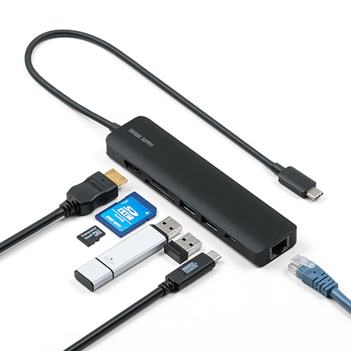 USB Type-Cモバイルドッキングステーション ロングケーブル 7in1 4K/60Hz対応 HDMI出力 SD/microSDカードリーダー USB×2 PD100W LAN イーサネット