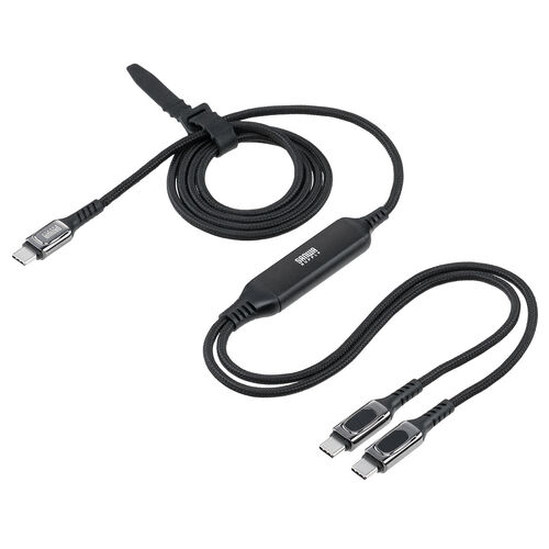 USB Type-C ケーブル 1.2m 2-in-1 二股ケーブル 電力表示画面つき ブラック