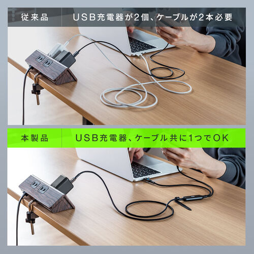 USB Type-C ケーブル 1.2m 2-in-1 二股ケーブル 電力表示画面つき ブラック