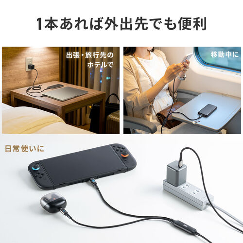 USB Type-C ケーブル 1.2m 2-in-1 二股ケーブル 電力表示画面つき ブラック