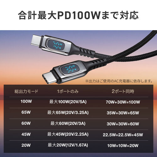 USB Type-C ケーブル 1.2m 2-in-1 二股ケーブル 電力表示画面つき ブラック