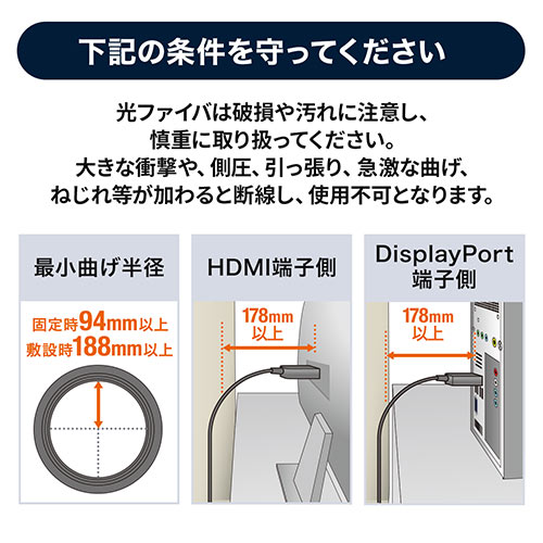 【アウトレット】DisplayPort - HDMI変換 光ファイバーケーブル 10m 4K/60Hz ブラック