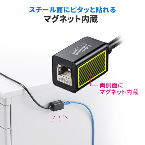 延長用 CAT6A LANケーブル 1m STP 固定用マグネット付き/500-LAN6AEX