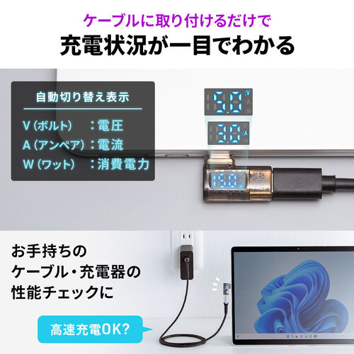 L字型 USB-C変換アダプタ 電力表示機能つき USB 40Gbps PD 140W 8K/60Hz対応